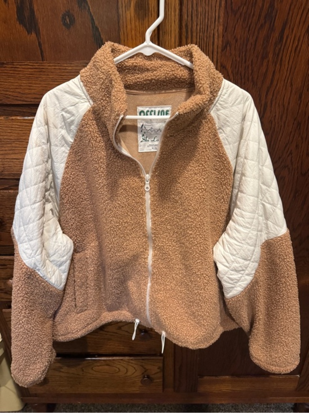 Offline Ski Lodge Women's Tan Sherpa Jacket with White Quilted Sleeves